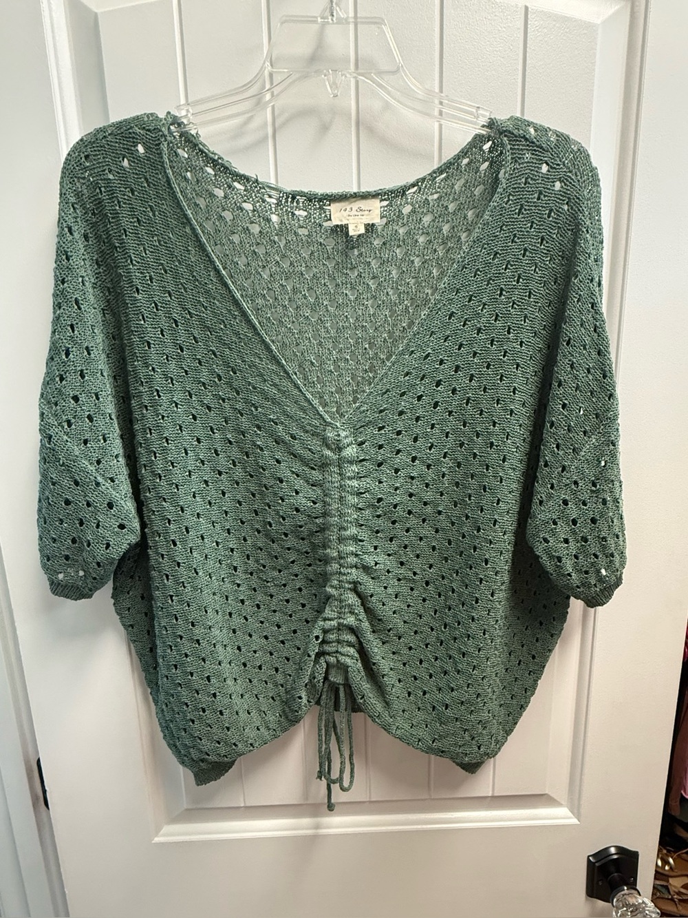 143 Story by Lineup Open-Stitch Pullover Sweater Cinched Ruched Front Sz Small